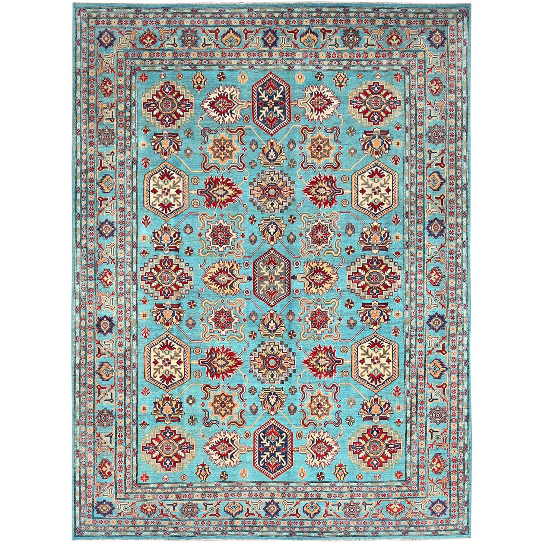 Fanfare Blue, Kazak With Geometric Pattern, Vegetable Dyes and Densely Woven, 100% Wool Hand Knotted Oriental Rug